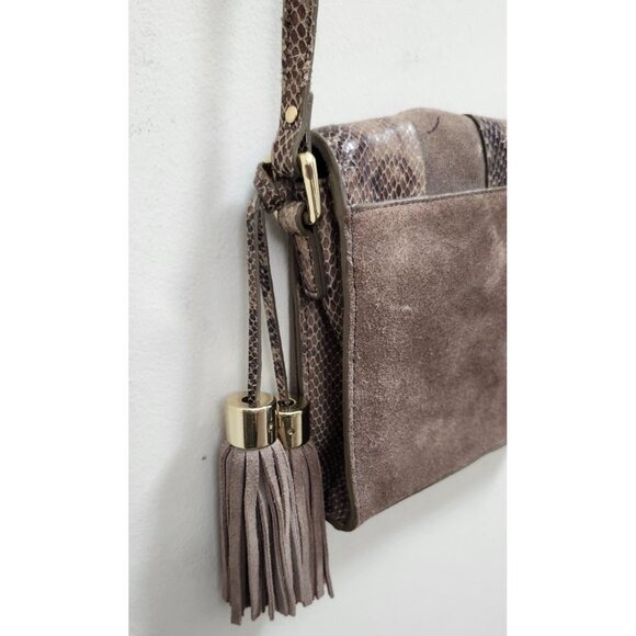 Antropologie Morgan  Woven Suede Crossbody Bag Snakeskin Accents Tassel Boho - Picture 7 of 15